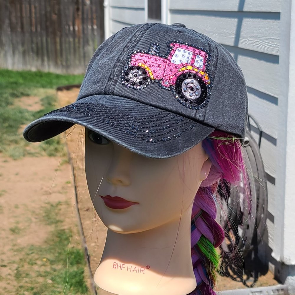 New Ladies Gray & Pink Tractor BLING Hat